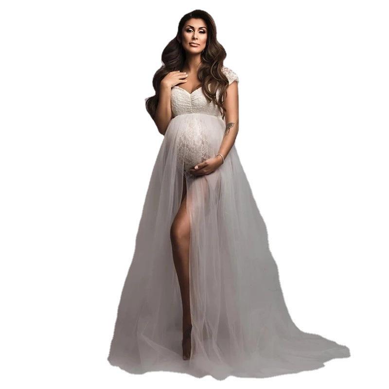 23 Styles: European & American Women's Sexy Lace Short-Sleeve Long Dress - Mesh Maternity Photography Attire