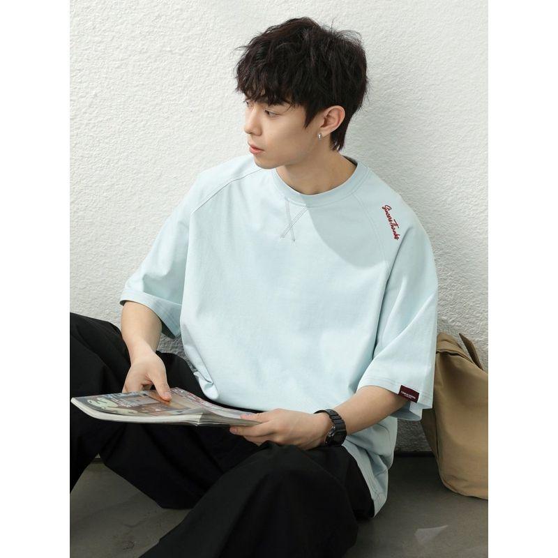 Wassup Summer New Product Japanese Style Men's Heavyweight Short-Sleeved T-Shirt Casual Loose Pure Cotton Glacier Blue Half-Sleeve Top