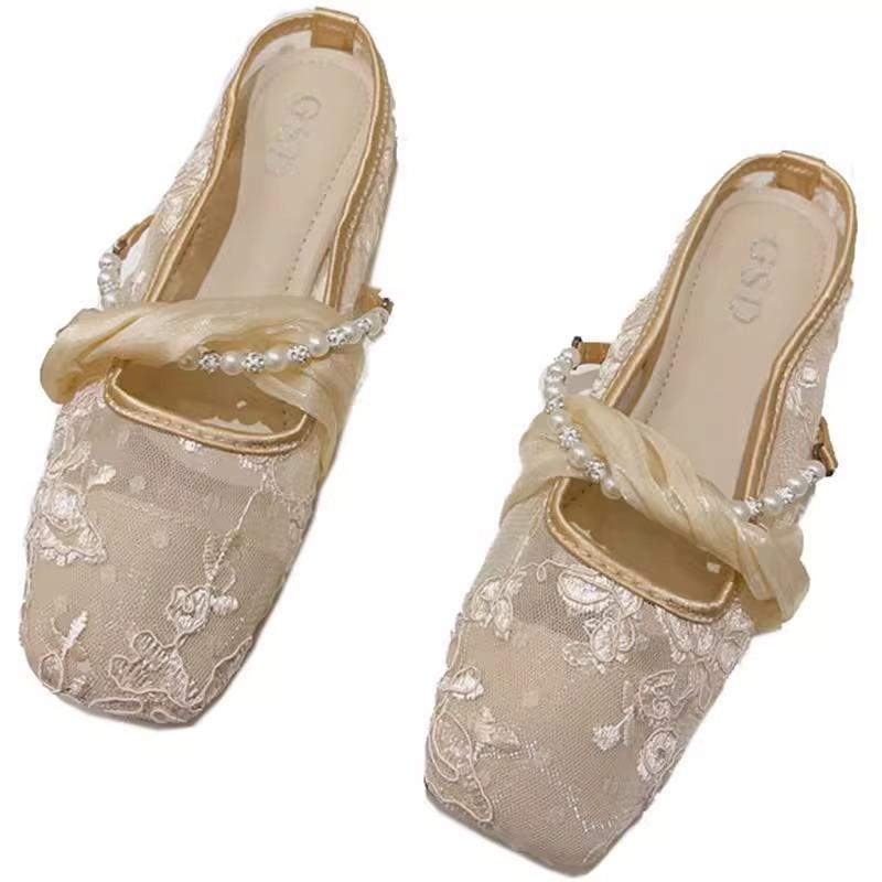 Chinese-style pearl mesh soft-soled sandals 2025 summer new shoes flat-bottomed bag head wear half slippers women