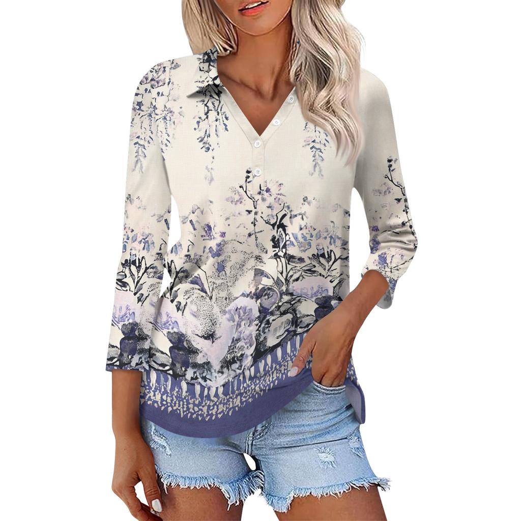 Koszula damska z nadrukiem, z klapami, rękawami 3/4, zapinana na guziki