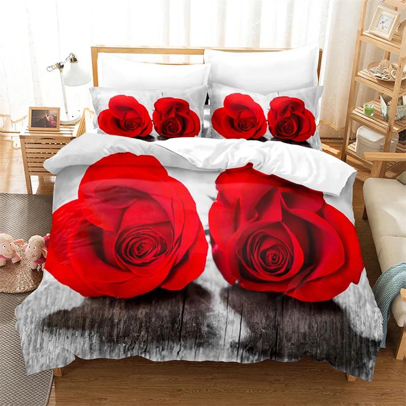 Comforter Rose Flower Bedding Set 4Pcs Pink Red 200X230 For Double Bed 3D Bedsheet 230X230 Full Size Thin Fabric