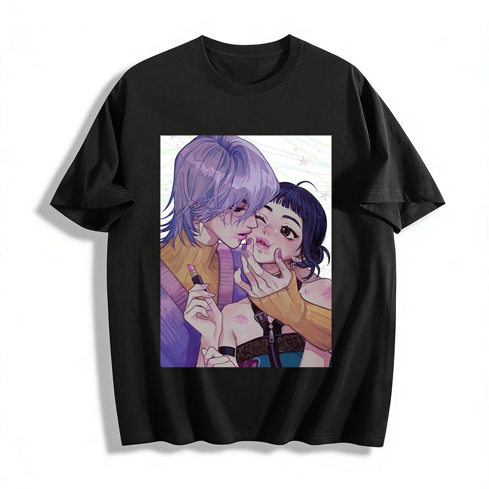 Lesbian Couple Print T-Shirt, Trendy Cool Style Casual Loose Top For Women Romantic Vibe Tee Pure Cotton T-shirt