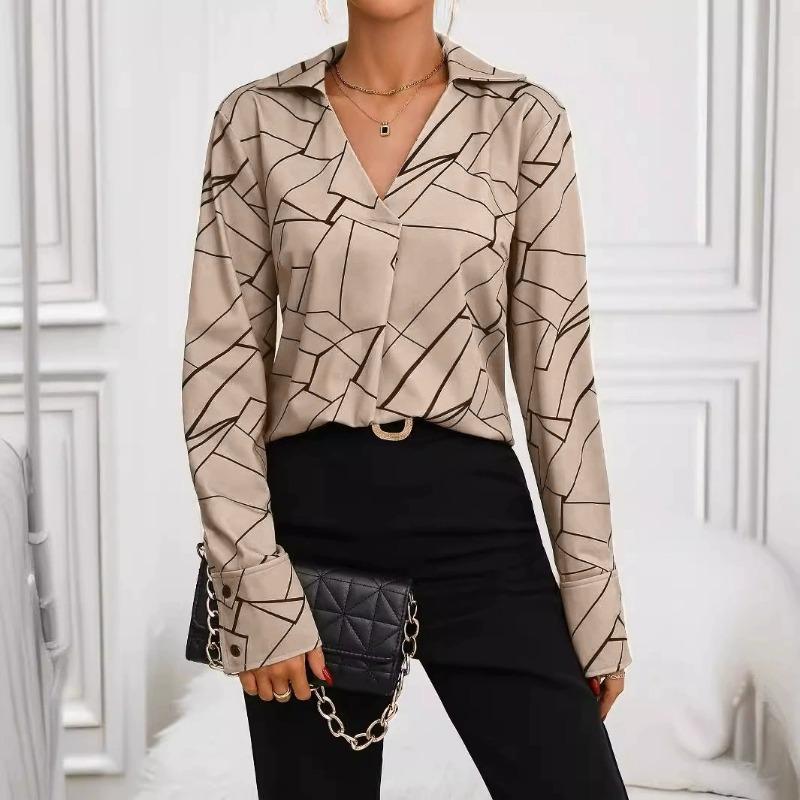 Women S Loose Fit V Neck Long Sleeve Printed Shirt