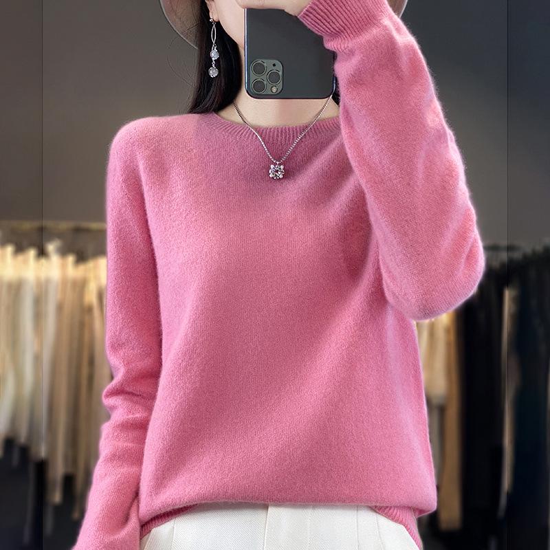 Women's 100% Pure Wool Versatile Round Neck Loose Sweater - Solid Color Knitwear