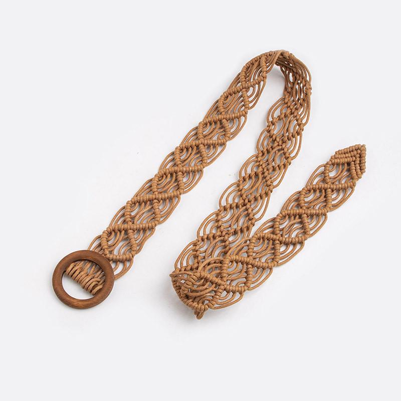 Bohemian Style Woven Waist Belt With Wooden Buckle Handmade Cotton Linen For Casual Summer Wear