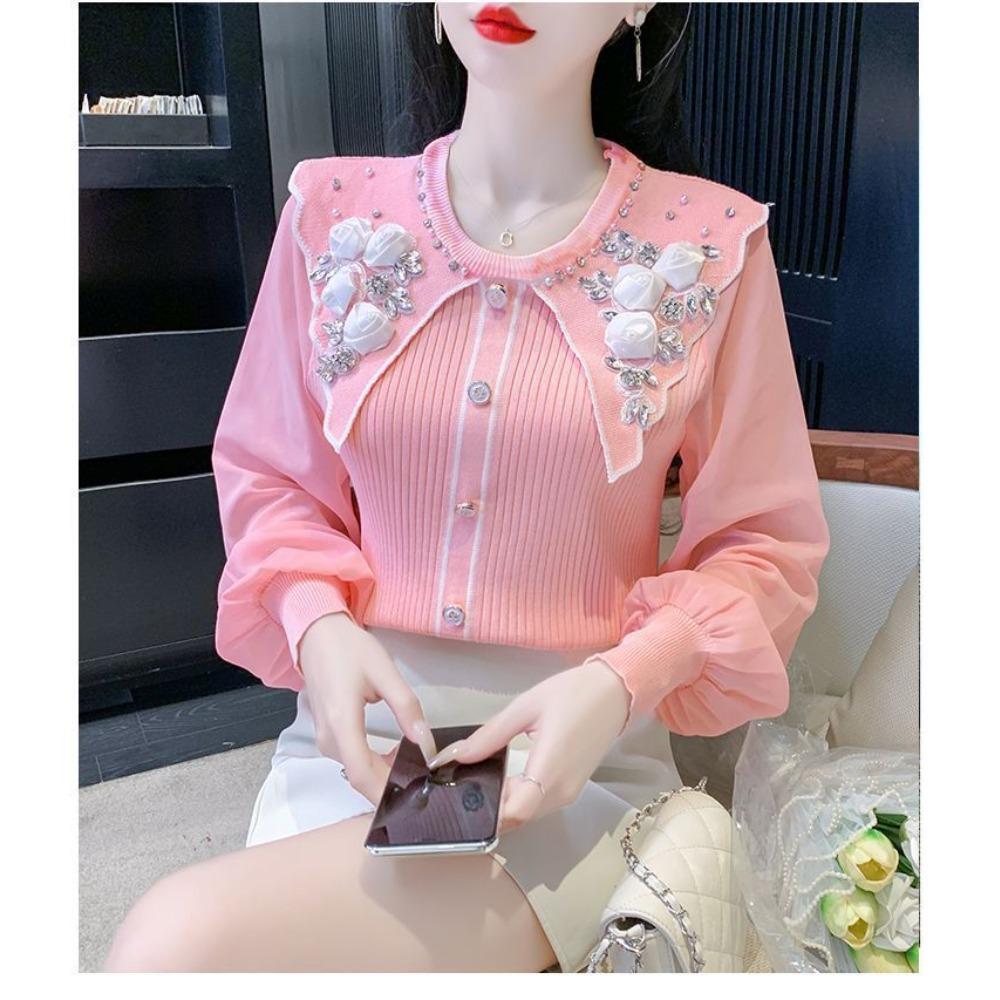 Chiffon Bubble Sleeve Knitted Shirt New Women's Fashionable and Stylish Women's Doll Neck Top