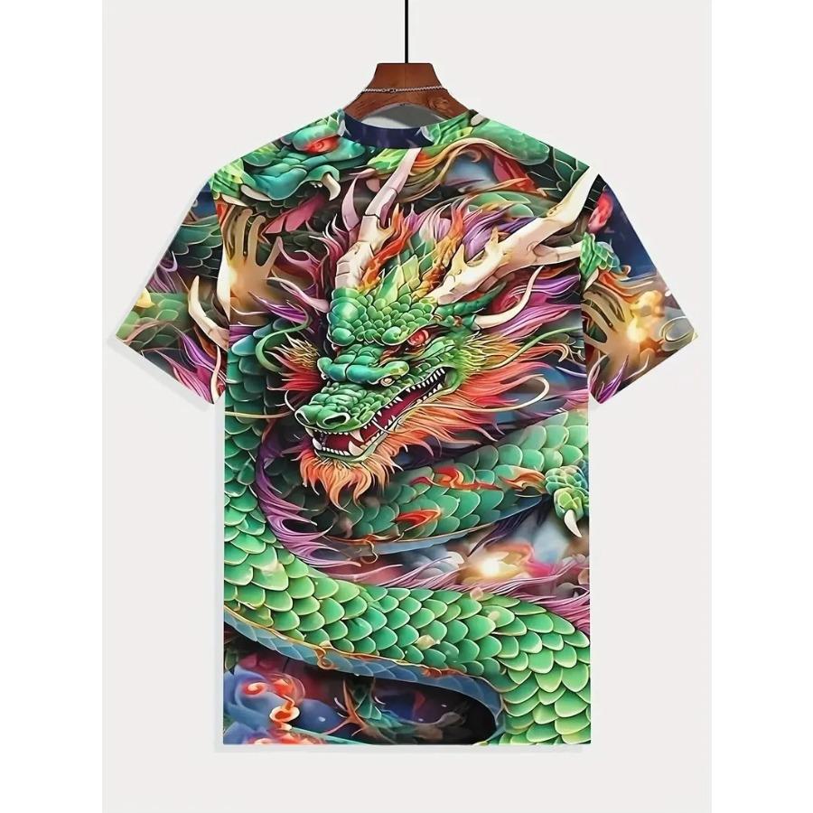 Tricou cu mânecă scurtă și gât rotund pentru bărbați cu animal dragon - Design îndrăzneț și inedit de roman grafic pentru bărbați, topuri de vară în stil outdoor