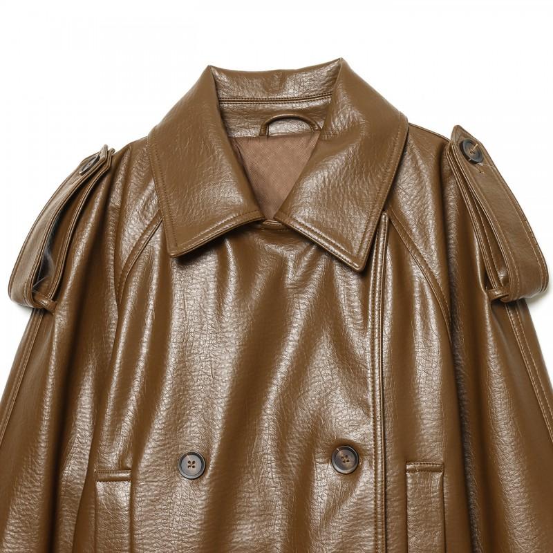 Womens Faux Leather Short Trench Coat Square Neck Loose Fit Casual Urban Style