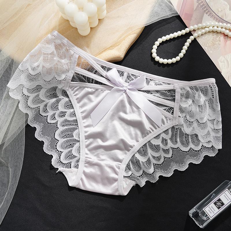 Bowknot Hollow Lace Panties for Women Satin Pure Cotton Crotch Breathable Sexy Mid-waist Women Briefs Underwear Knickers