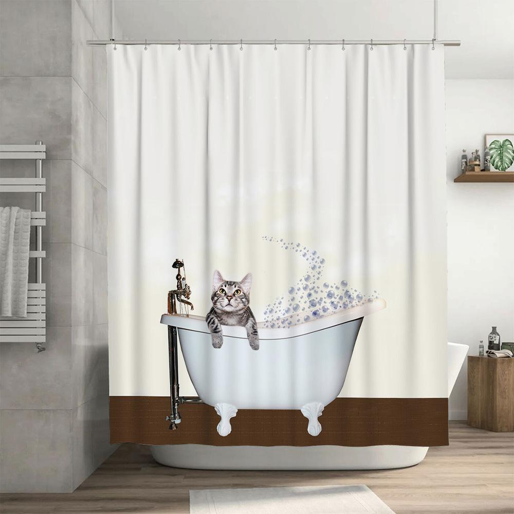 Adorable Cat Bathing Tub Shower Curtain For Bathroom Decoration Modern Home Decor Waterproof Fabric Backsplash Wall Hanging Set