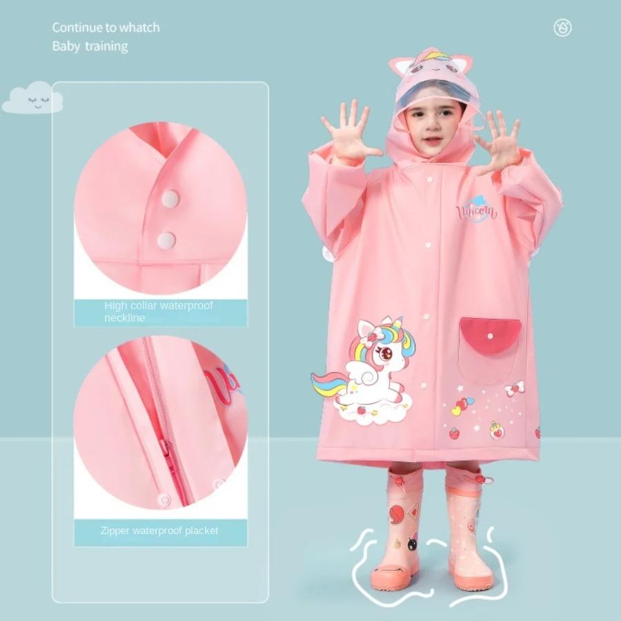 1 Stück Süßer Kinder-Regenmantel - Wasserdichter Kinder-Regenponcho mit Dinosaurier & Einhorn, Jacke mit Rucksackposition