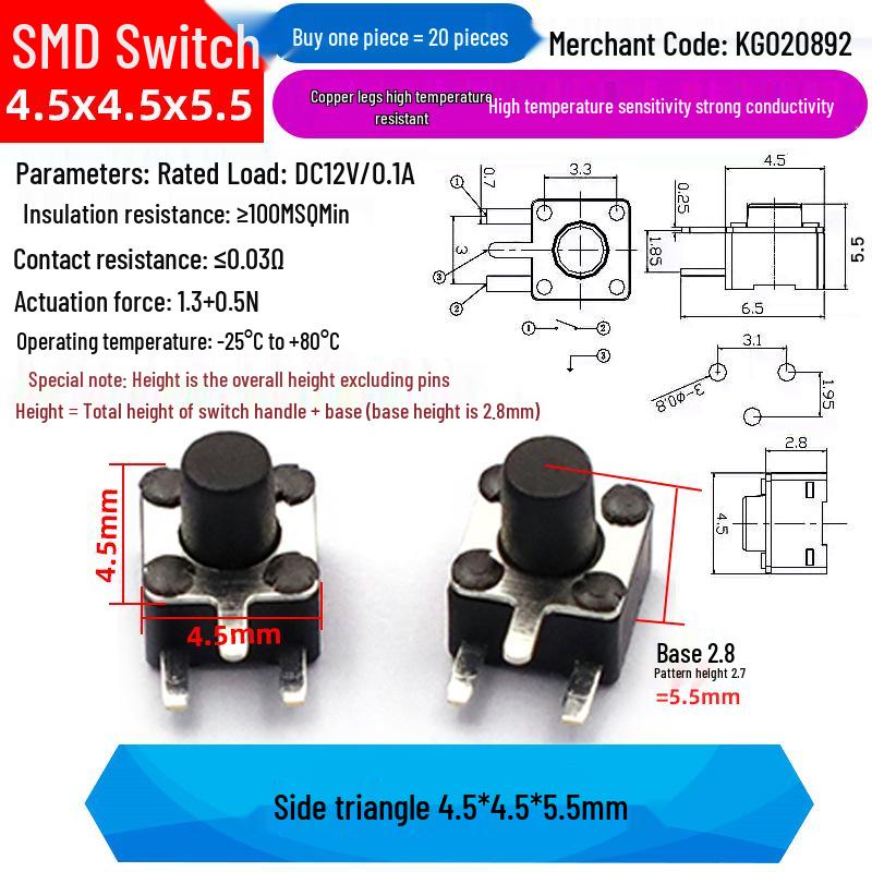 4-Pin Vertical Micro Tactile Push Button Switch for Induction Cookers (4.5x4.5mm SMD)
