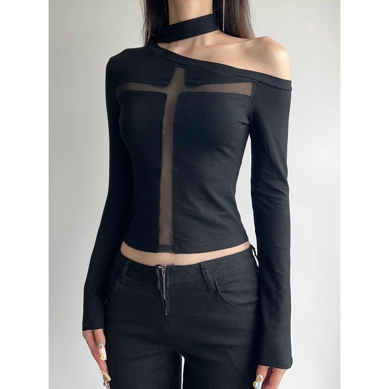 H Family European and American Women's Clothing Abstinence Dark Asymmetrical off-Shoulder Cross Tops Sexy Patchwork Black Primer T-shirt