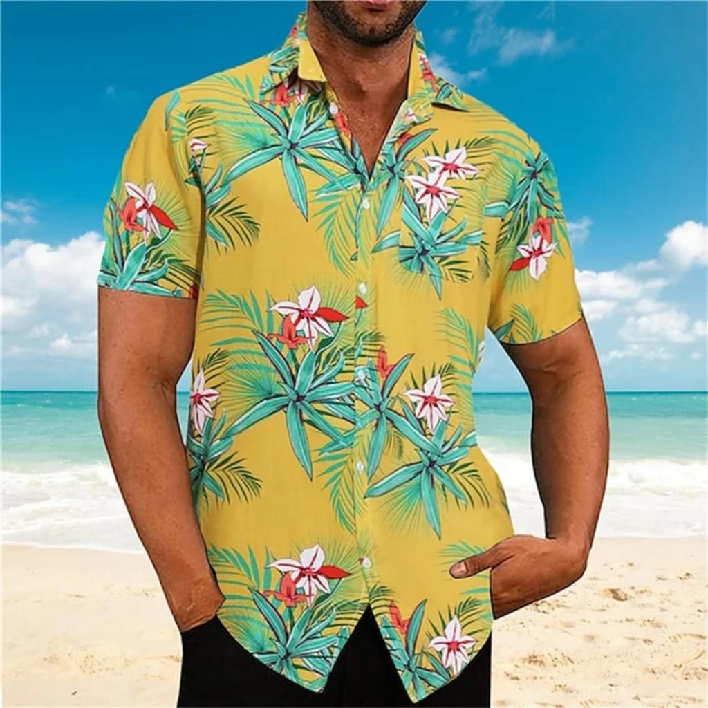 Men's Summer Breathable Plant Print Shirt Hawaiian Seaside Comfortable Short Sleeved Fashionable Design New Model Cool