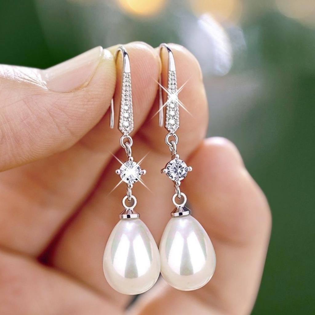 Teardrop Pearl Dangling Drop Earrings Paved Shiny Stone Fish Hook Dainty Ear Rings for Women Wedding Formal Jewelry