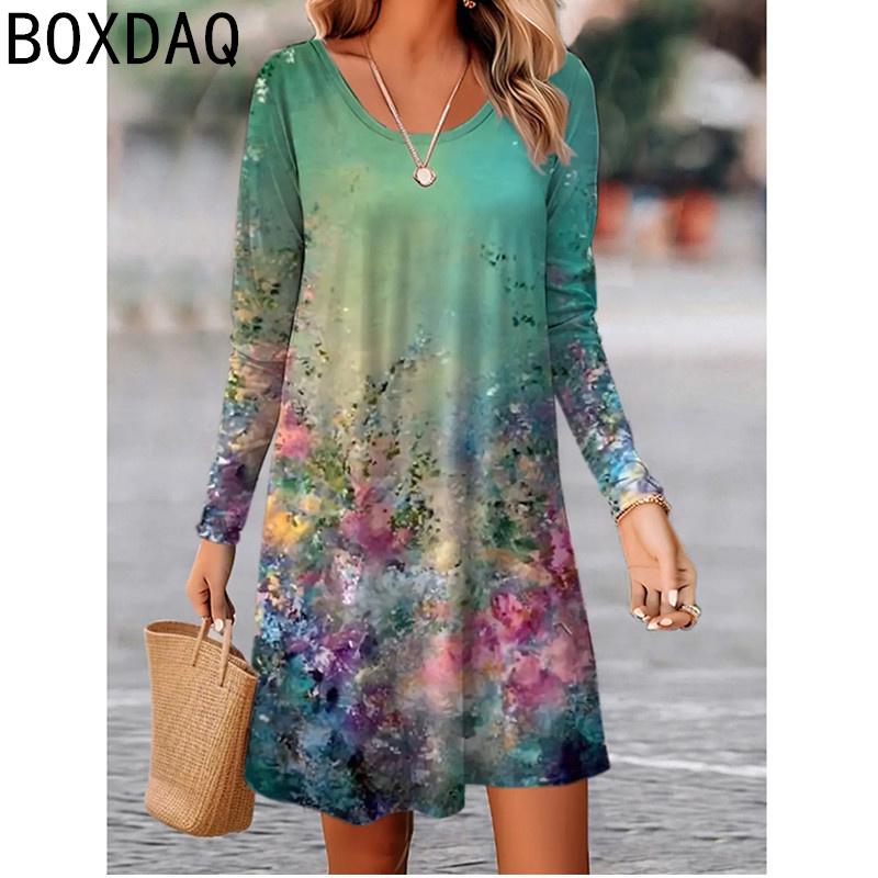 Vintage Boho Floral Elegant Women Dress Autumn Long Sleeve O-Neck A-Line Dress Big Size Casual Loose Dress Vestidos