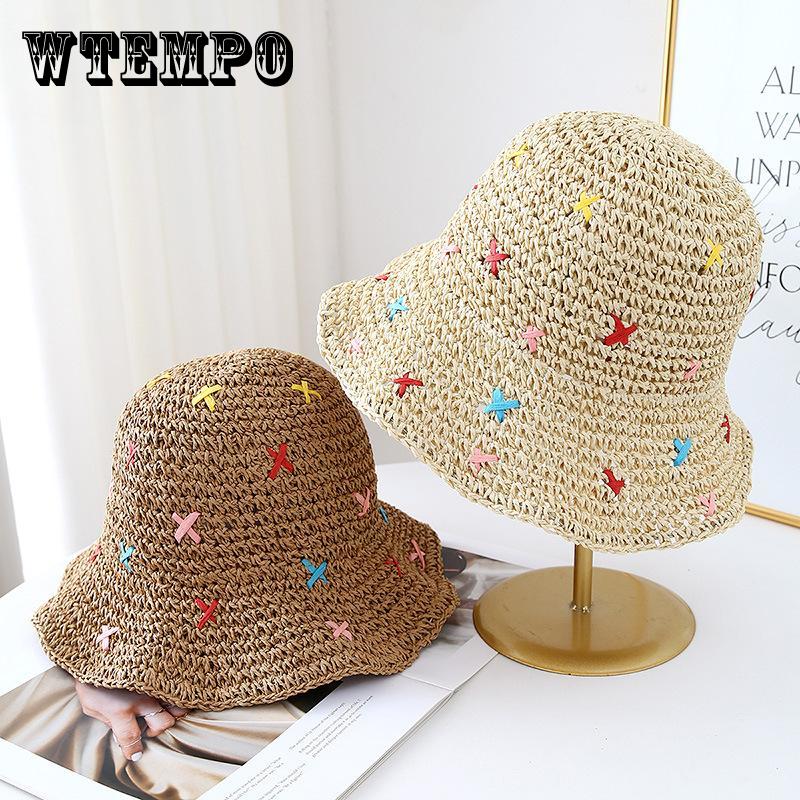 Sweet Color Woven Straw Hat Women's Summer Seaside Beach Hollow Crochet Sunscreen Hat Vacation Big Brim Sun Hat