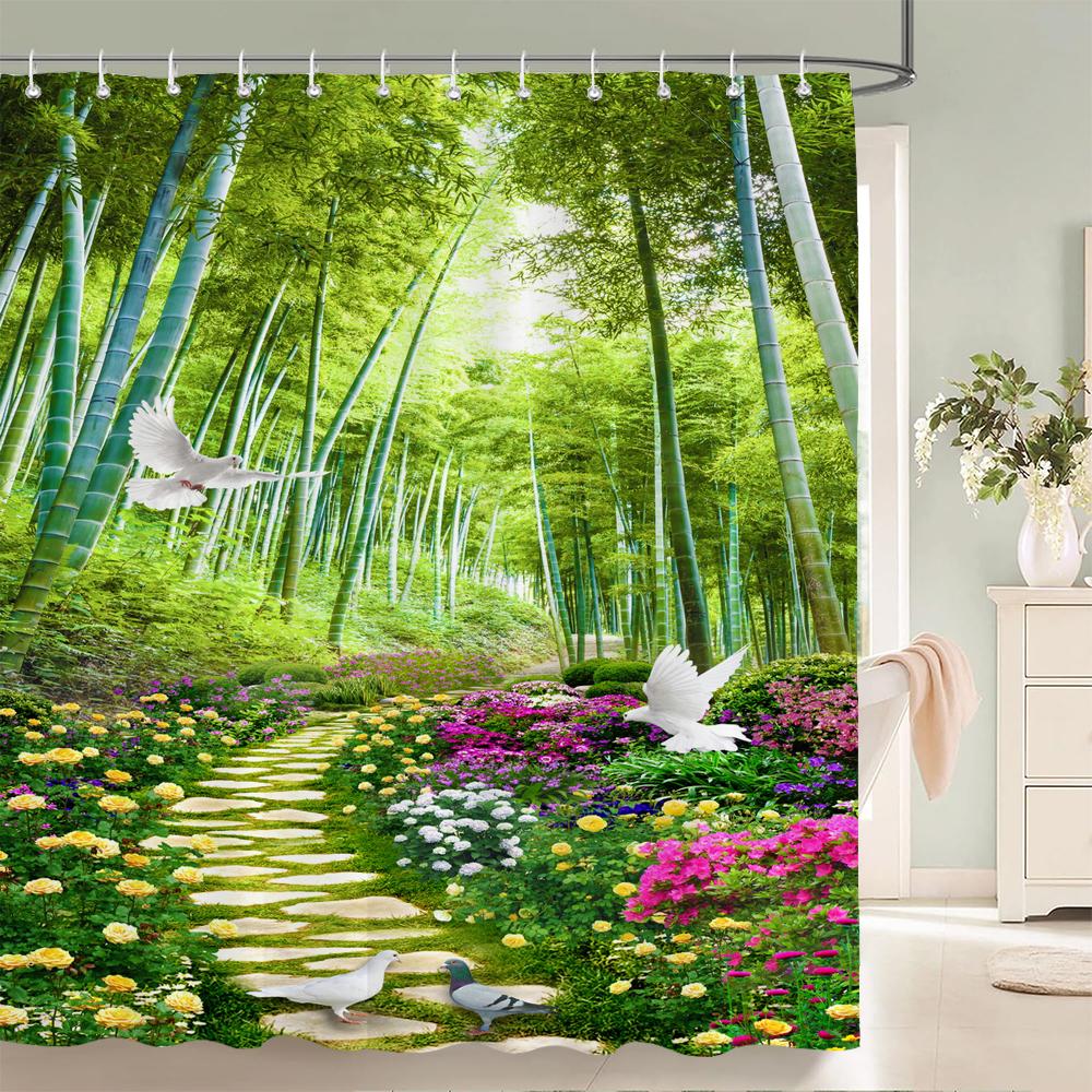 1 Pcs Forest Pattern Polyester Material Shower Curtain Waterproof Fabric, Partition Curtain For Bathroom,Home Decoration Curtain