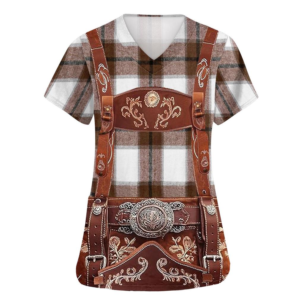 Women's V Neck Short Sleeve Work Shirt with Pockets Oktoberfest Print Top Nursing Uniform Comfortable Fit Durable Material