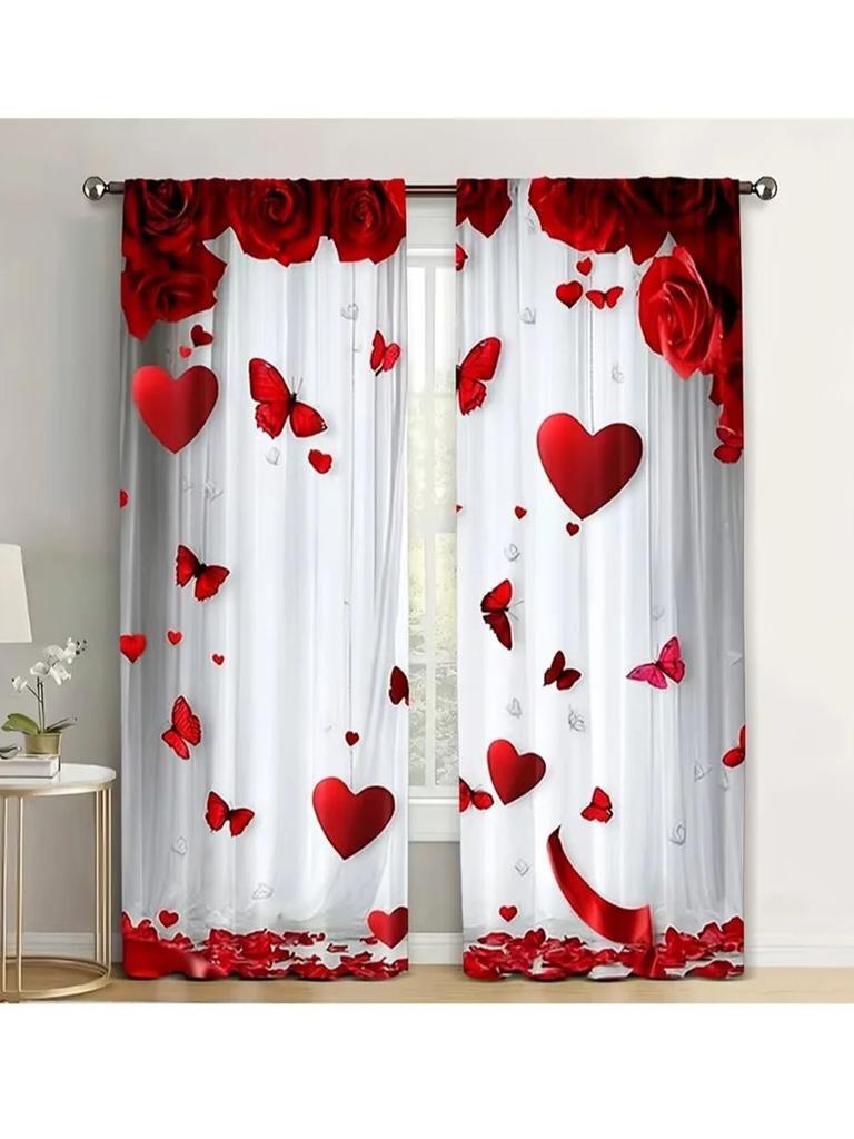 Red Rose Heart Butterfly Sheer Curtains Romantic Valentine Bedroom Living Room Window Drapes Curtain Semi For Area Made Of Polyester