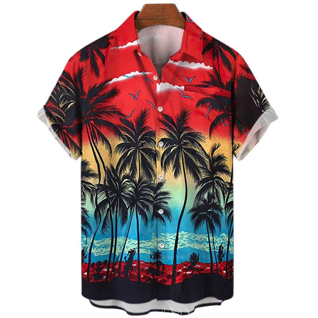 Summer Fashion Men's 3d Hawaiian Shirts Oversized Beach Short Sleeve Coconut Tree Print Shirts Tees