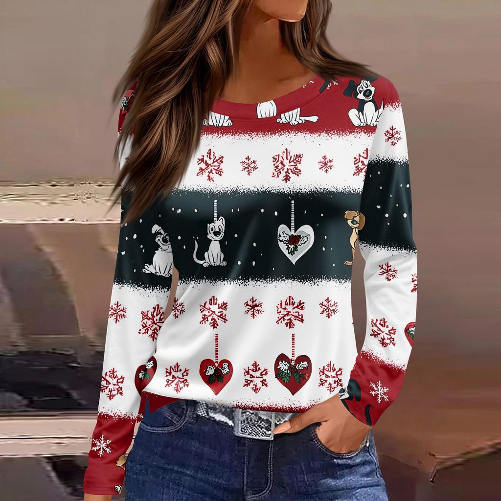 Women's Fashion Casual Slit Hem Round Neck Long Sleeve Loose Christmas Printed T-Shirt Ladies Top