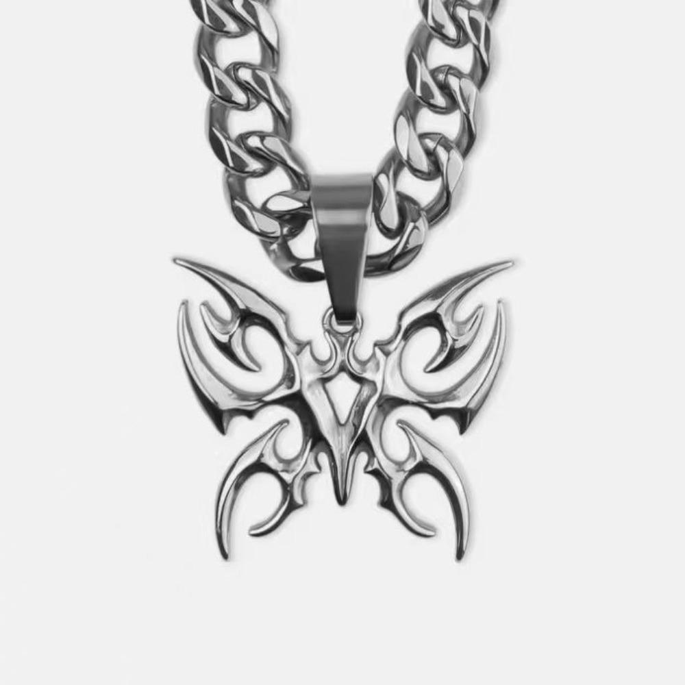 Gothic Tribal Sliver Color Butterfly Pendant Stainless Steel Cuban Chain Necklace for Men Women Cyberpunk Alternative Jewelry