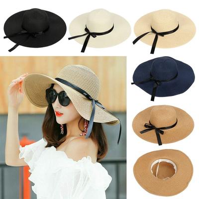Casual Big Wide Brim Floppy Straw Foldable Sun Hat Beach Hat Straw Cap Summer Bow Cap