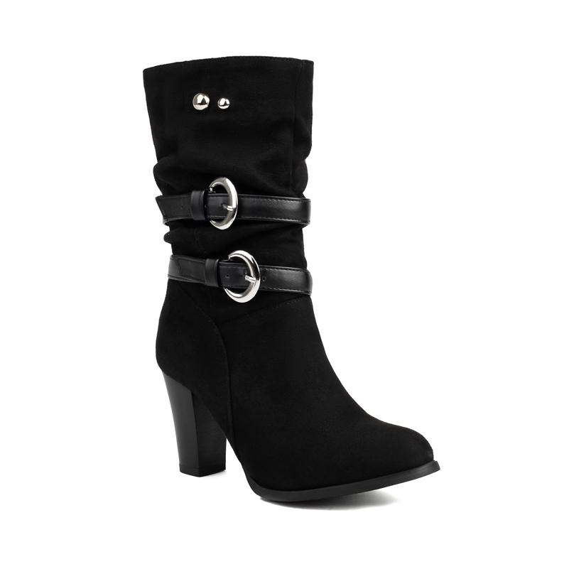 FOREADA Women Ankle Boots Round Toe Chunky High Heels Buckle Pleated Short Boots Ladies Fashion Shoes Winter Black 46