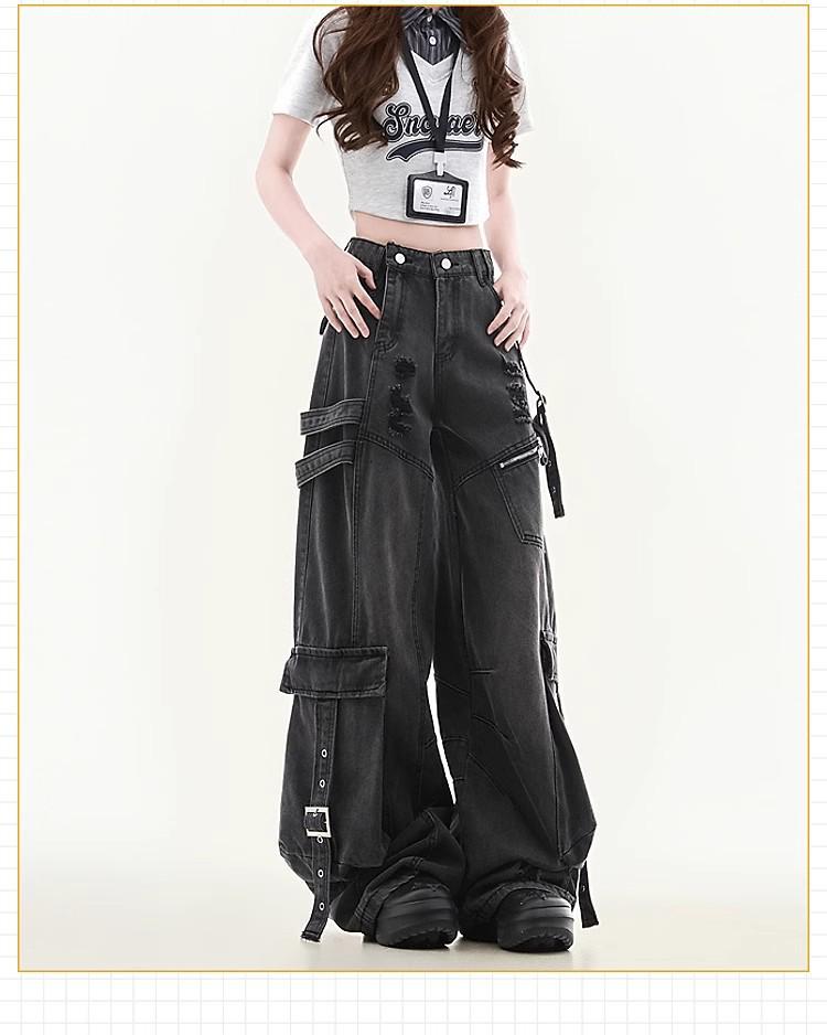 Unisex Wide-Leg Multi-Pocket Ripped Blue Jeans with Deconstructed Ribbon