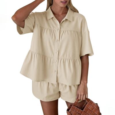 Womens 2 Piece Outfits Summer Pleated Button Down Shirts High Waisted Shorts Sets