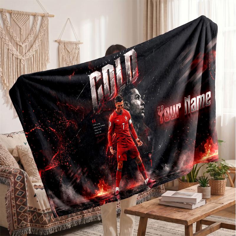Cristiano Ronaldo Personalized Fleece Blanket With Football Logo, Custom Name Text Soft Warm Home Throw Blanket