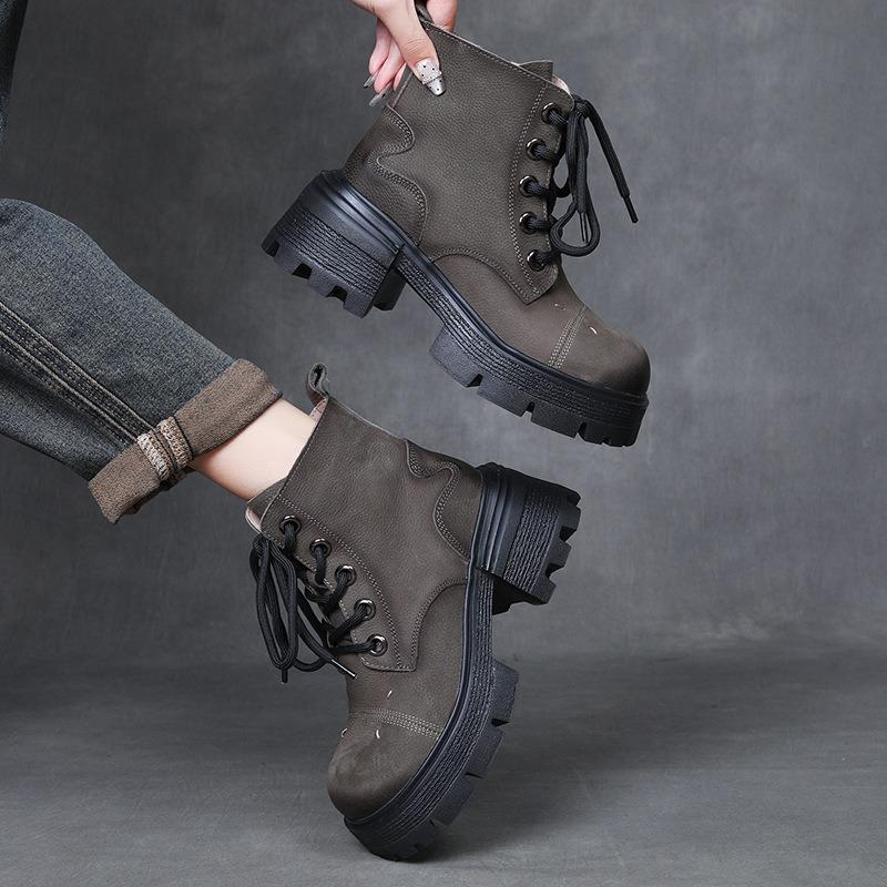 Genuine Leather Ankle Boots Women Autumn  New British Style Women's Ankle Boots Platform Thick Heel Motorcycle Boots Women