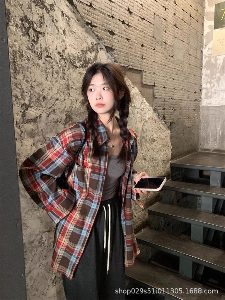 Women's American Design Retro Plaid Shirt Jacket - Loose Casual Spring Long Sleeve Top