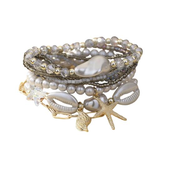 Summer Beach Bracelet for Women Faux Pearl Seashell Starfish Boho Layered Beaded Bracelets Handmade Stretch Bracelet