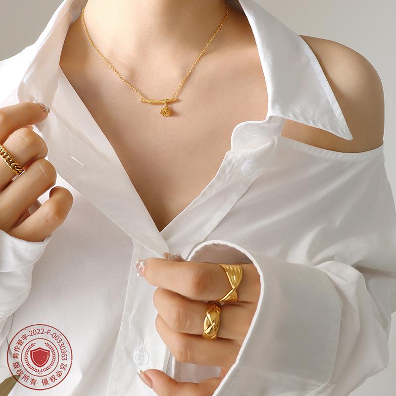 18K Gold Plated Bamboo Lotus Pod Pendant Necklace - European & American Niche Design, Personalized Titanium Steel Jewelry