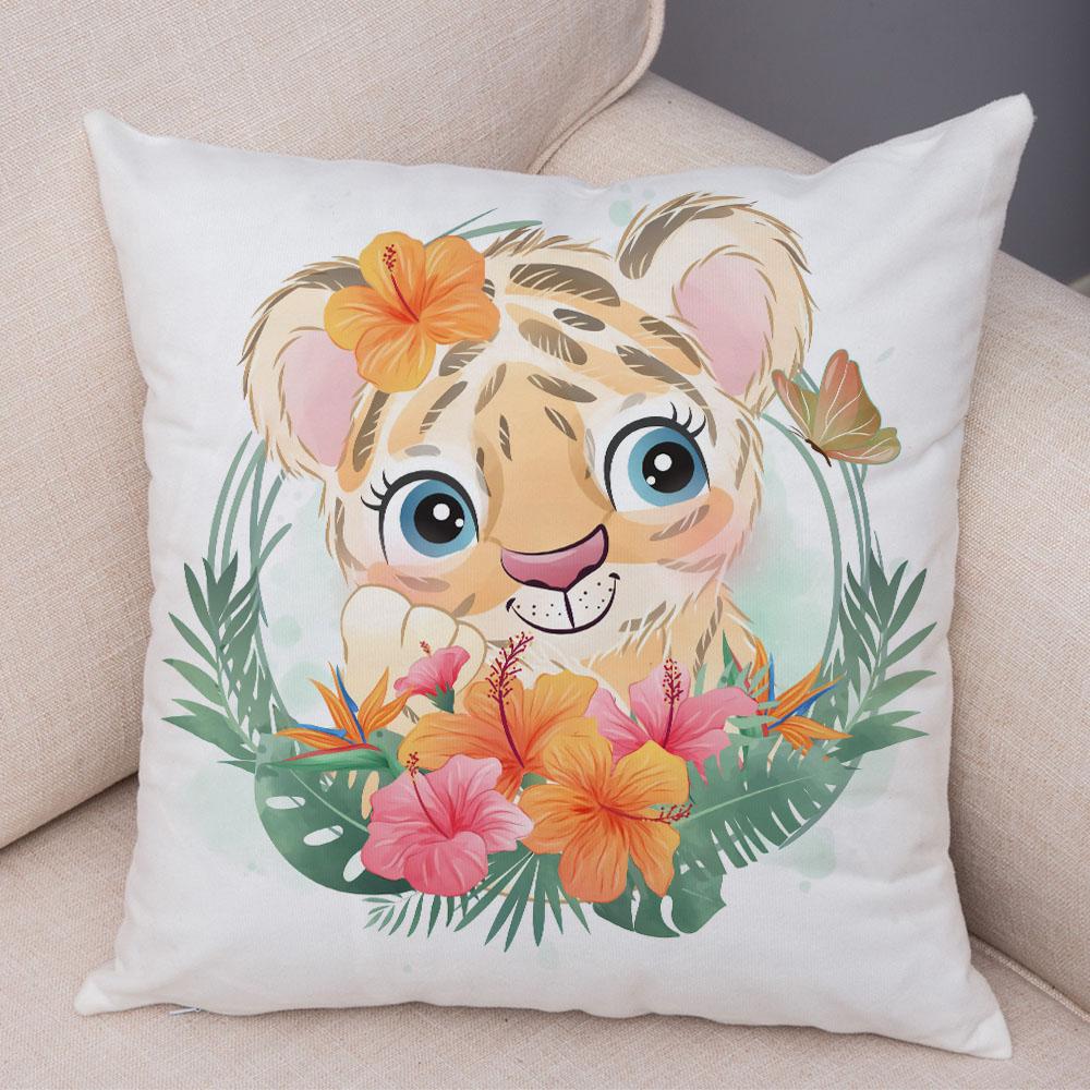 Cartoon Bird and Leaves Pillow Case Decor Cute Animal Lion Cushion Cover for Children Room Sofa Home Plush Pillowcase 45x45cm