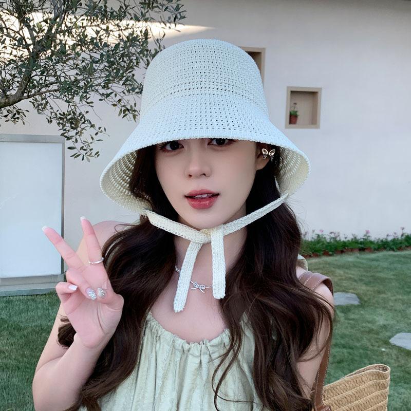 Fashion knitted bucket hat niche summer out shading thin sunscreen hat after shading split tether tide