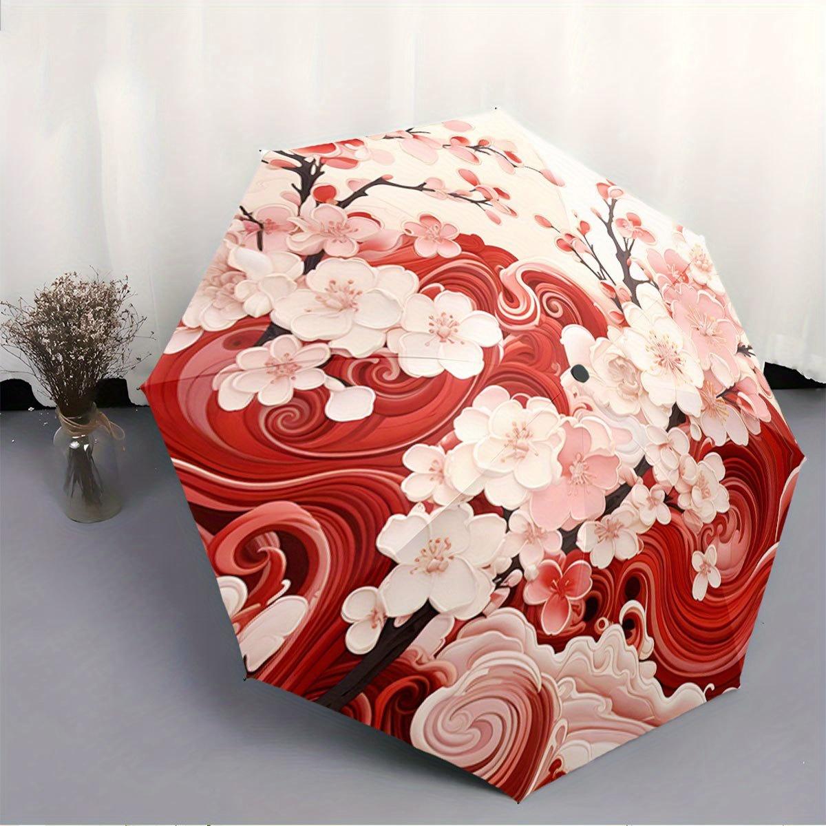 

Women s Cherry Blossom Umbrella - Open/Close, Folding Umbrella with 8-Rib Compact Travel Design, Elegant Floral Pattern in Red (as the picture,Iron&8K)