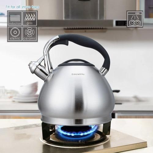 Easyworkz Whistling Stovetop Tea Kettle, Wide Mouth, Stainless Steel, with Loud Whistle, 2.3 Liters