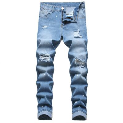 New European And American Men'S Wear Hole Blue Non Elastic Slim Straight Cowboy Pants Men'S Jeans