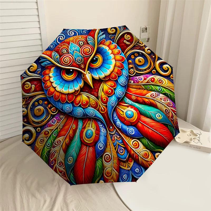 1PC Owl Artwork Umbrella-8-Rib Reinforced, Automatic Open, Lightweight & Durable, Cute Fashion Accessory for Outdoor-F2617