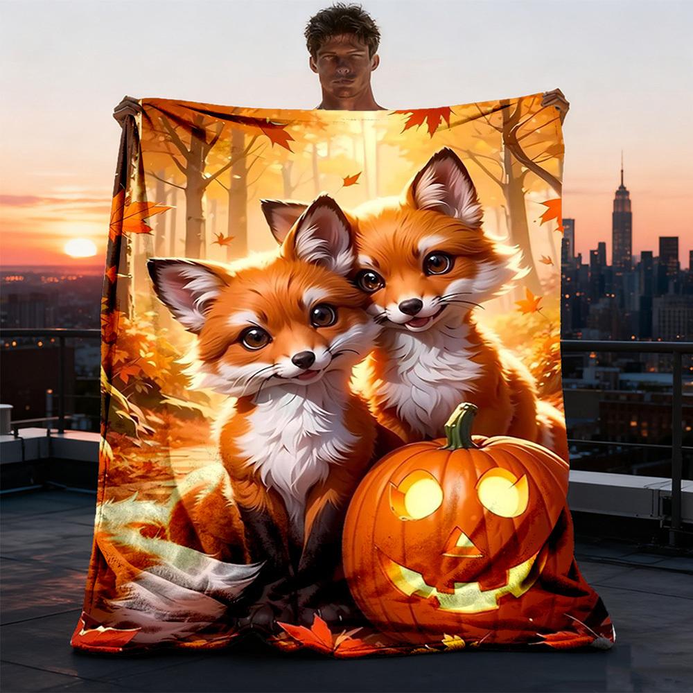 1pc Autumn Foxes Pumpkin Throw Blanket Polyester Fiber, Lightweight Flannel, Soft & Warm, All Season Use for Outdoor, Camping Digital Print