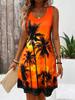 Women's Sleeveless Round Neck Tropical Print Beach Dress, Orange Red Purple Palm Tree Design, Summer Vacation Casual Dress
