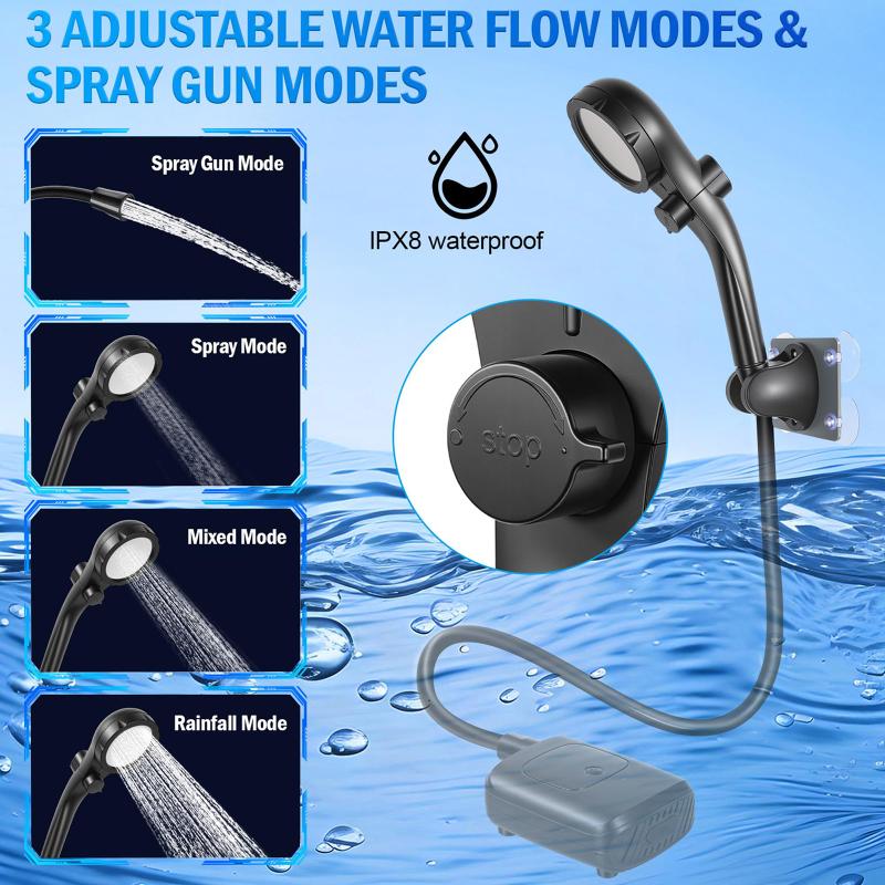 Portable Camping Shower, 2400Mah Rechargeable Outdoor Shower Pump With Led Battery Indicator, 4 Spray Modes