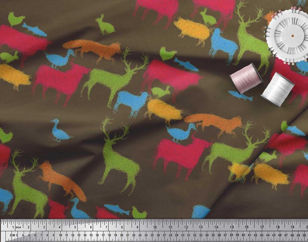 Soimoi Japan Crepe Satin Fabric Birds & Animals Hand Drawn Print Fabric by Metre 42 Inch