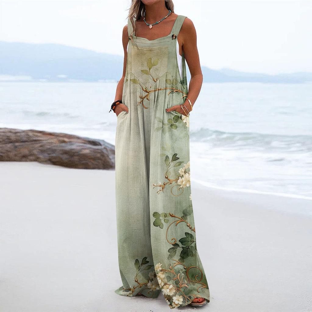 Damen-Overall mit weitem Bein, lässiger lockerer ärmelloser Overall, normaler bedruckter Knopf, lange Hosen, Taschen-Overall