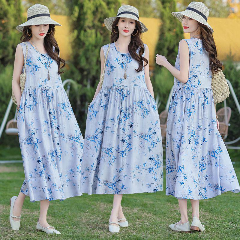 Elegant Plus Size Floral Cotton-Silk Sleeveless Summer Dress