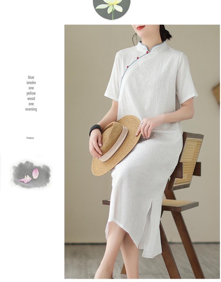 Elegant Cotton Linen Qipao Dress - Women's Stand Collar Short Sleeve, Summer 2024 Collection
