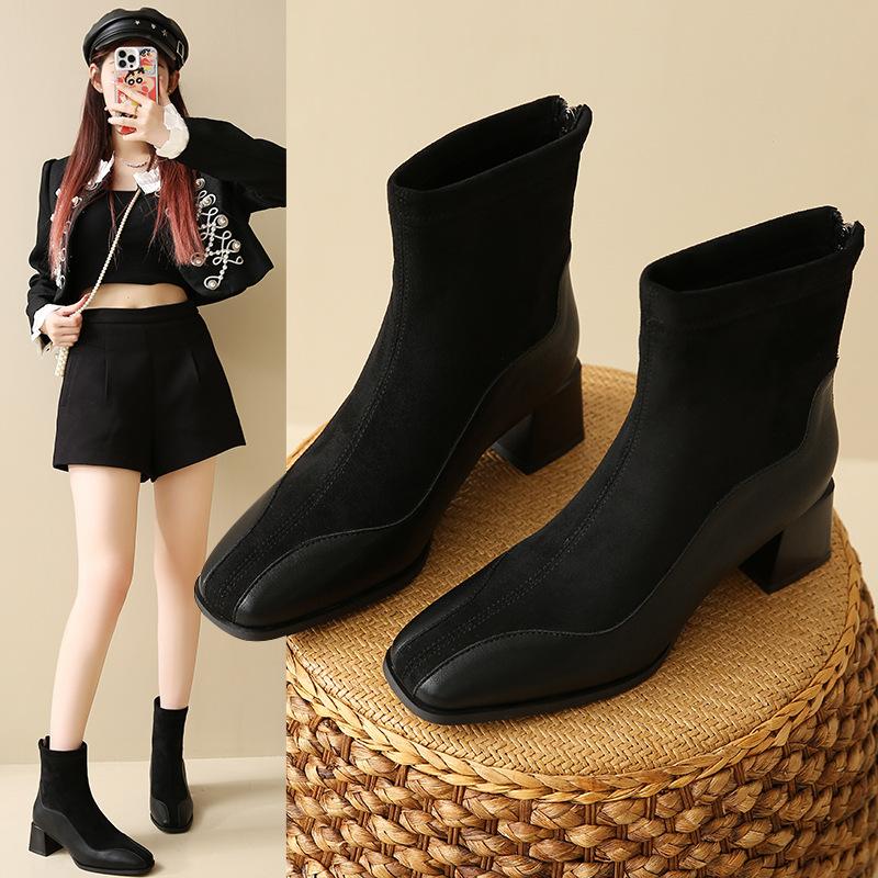 

Французские винтажные комбинированные коричневые эластичные облегающие ботильоны женские с молнией сзади на голенище на высоком каблуке ботильоны-носки 39 чёрный